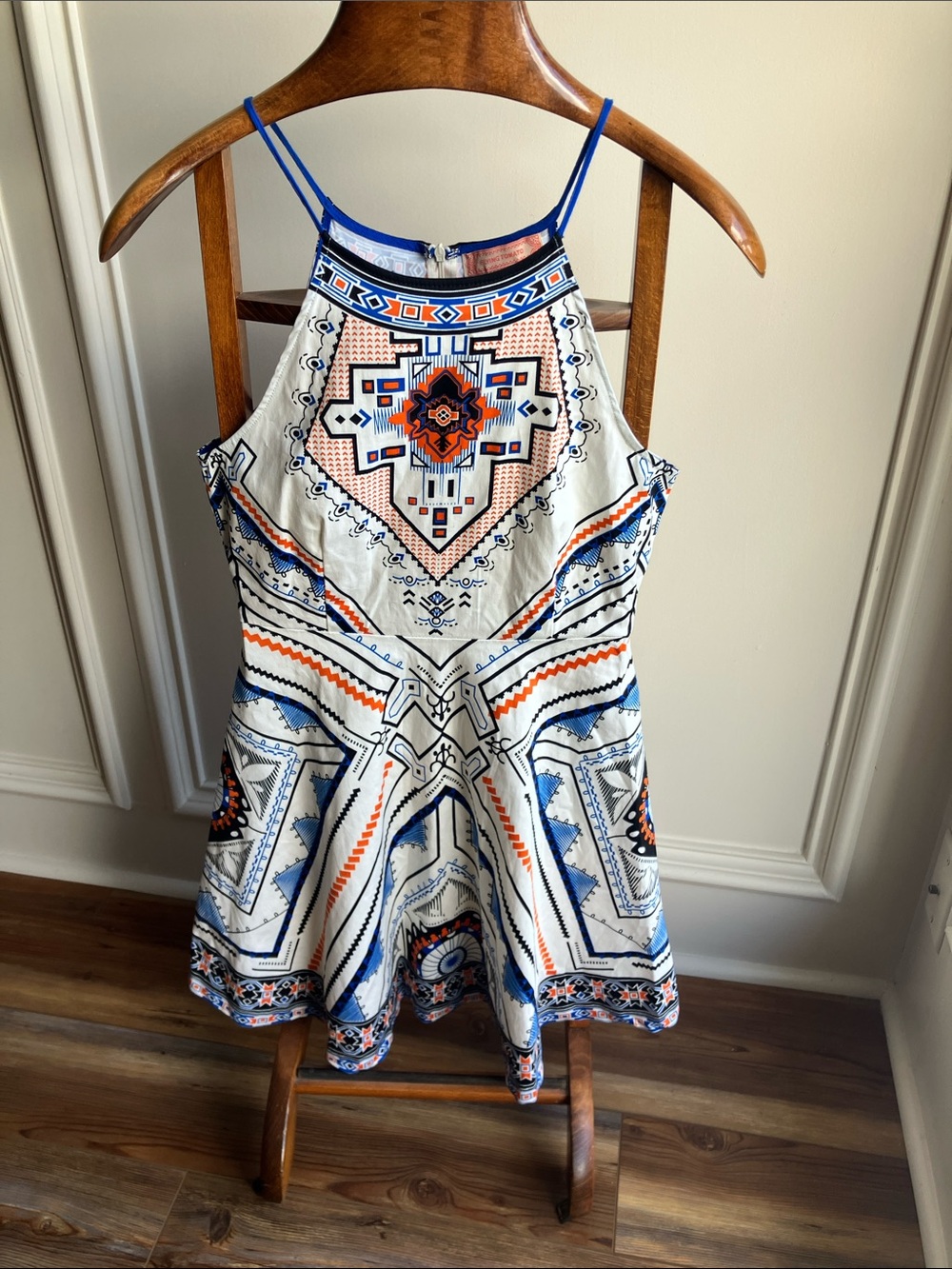 Flying Tomato White Dress with Blue and Orange Geometric Print